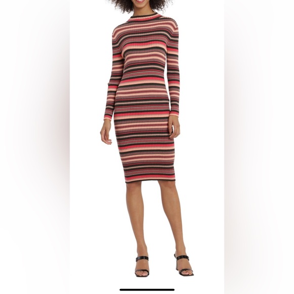 NWT- Maggy London Striped Long Sleeve Midi Sweater Dress - Picture 2 of 2